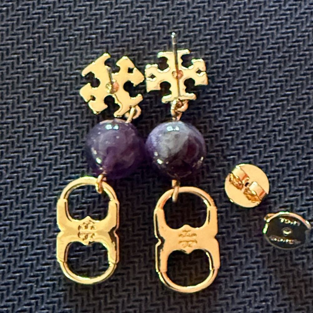 Tory Burch Gold-Tone Drop Earrings with Purple Beads